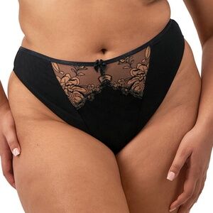NEW Elomi Teagan Metallic Floral Embroidered Mesh Bow Thong 302670 Black Almond